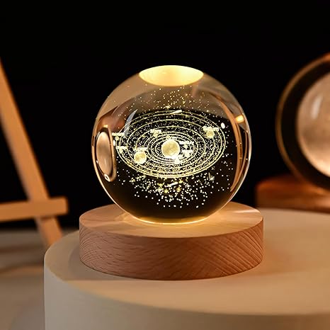 3D Galaxy Crystal Ball Night Lamp,Creative Engraved Crystal Ball Night Light, USB Table LED Wooden Crystal Ball